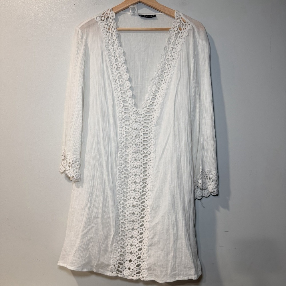 La Blanca Women's White Island Crocheted Lace Trim Swim Cover-Up SZ L